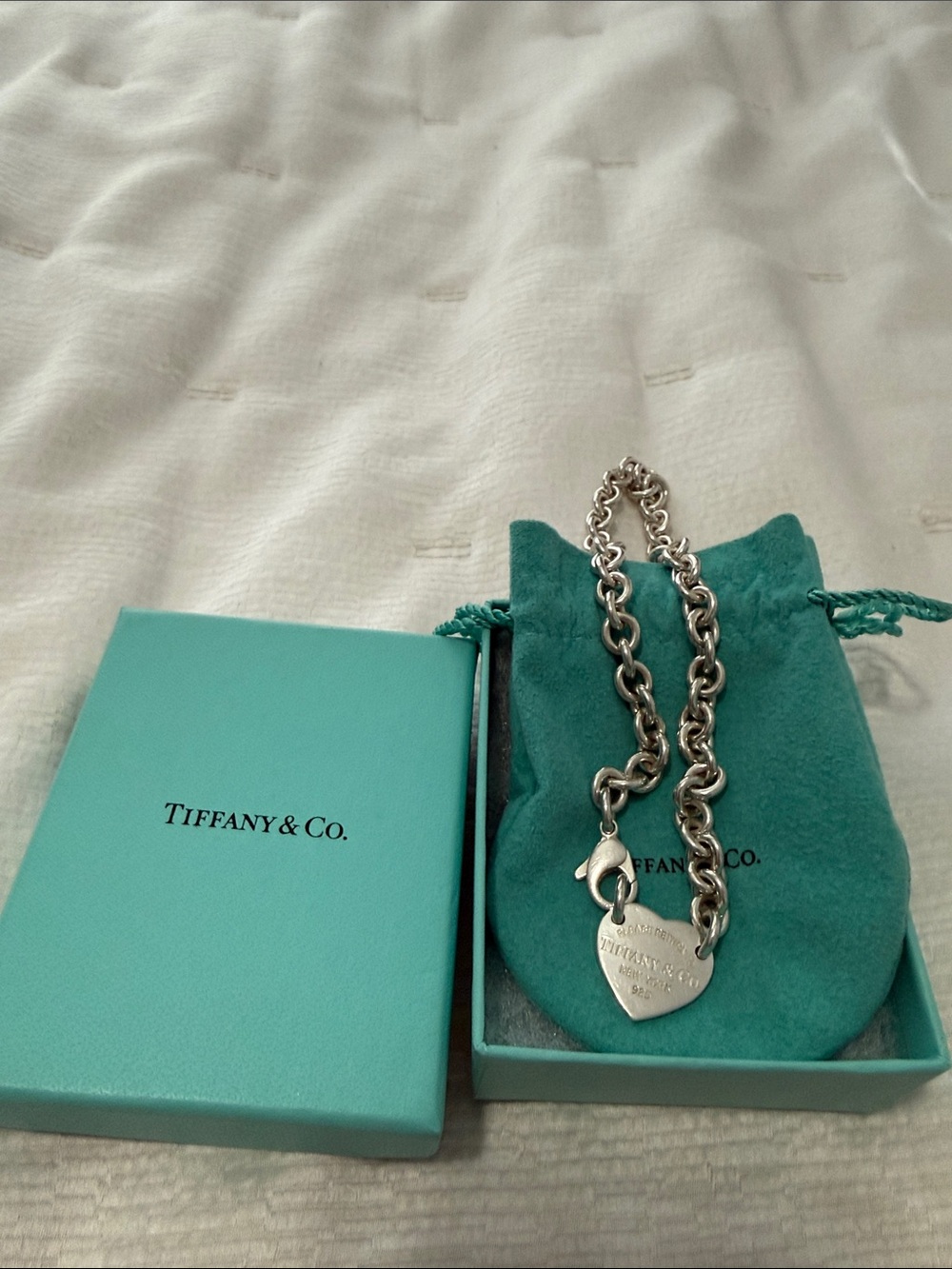 Tiffany & Co. Silver Heart Tag Charm Necklace with Signature Teal